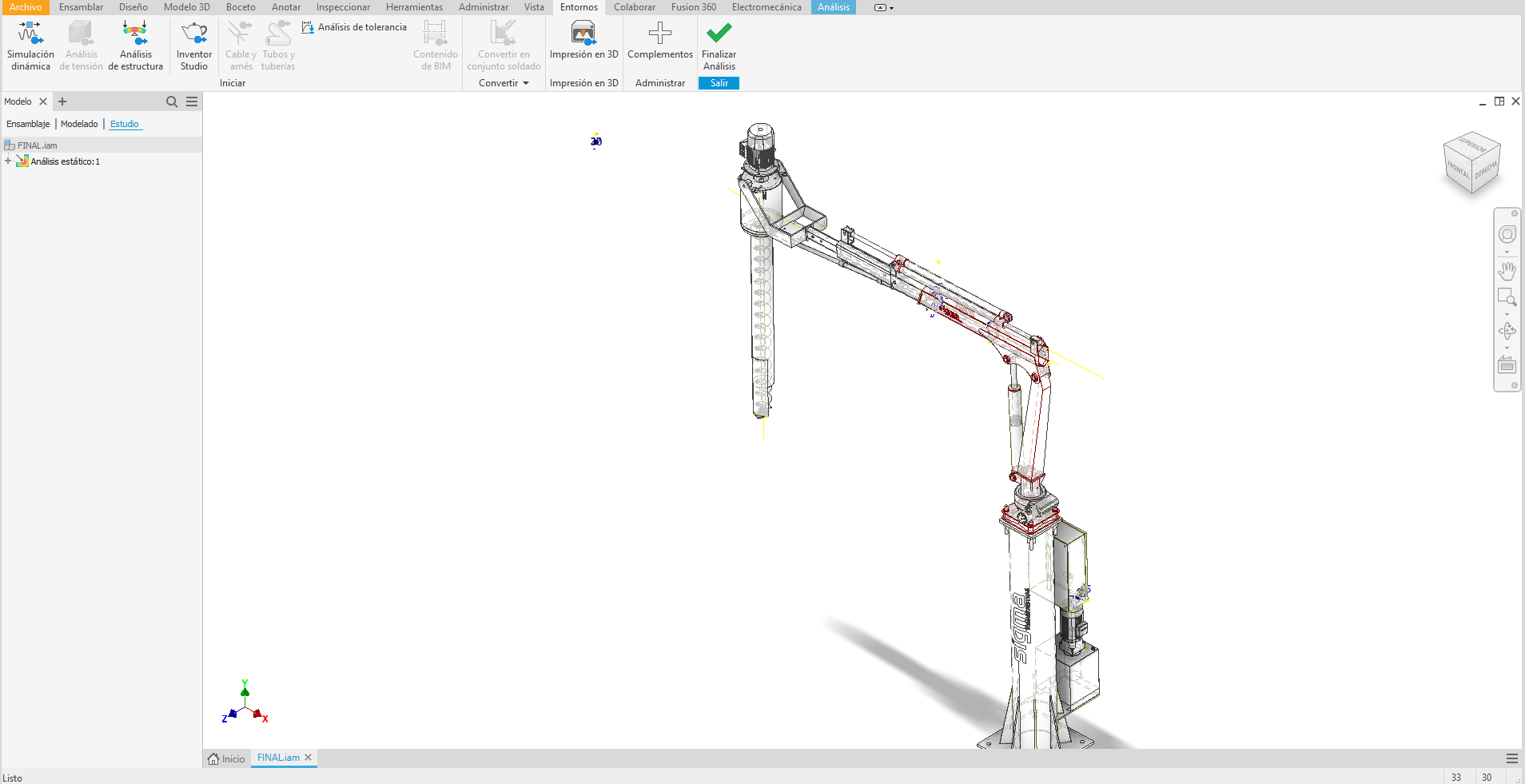 Modelo CAD de una grúa tomamuestras Sigma en el entorno de análisis