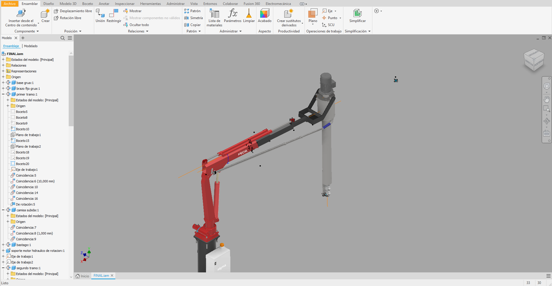 Conjunto CAD 3D de una grúa tomamuestras Sigma con columna, brazo y sonda