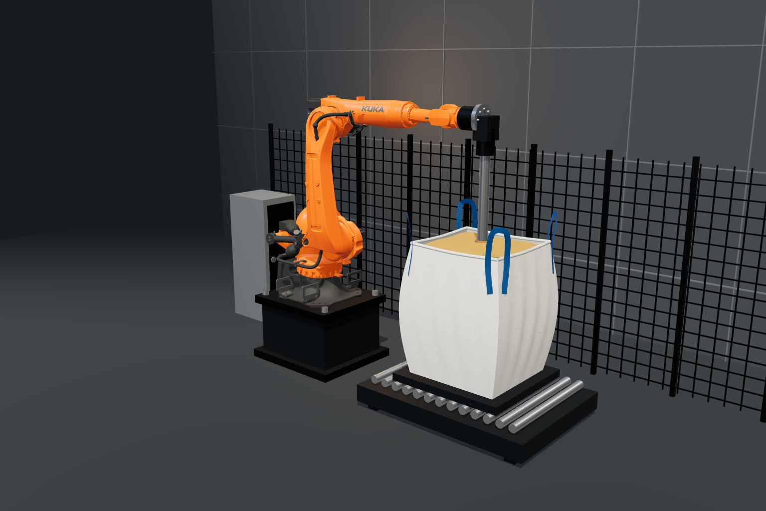 Recreación técnica del SIGMA RM2000-R con modelo CAD del robot KUKA tomando una muestra en una saca
